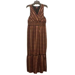 Sleeveless Plaid Print Smocked Surplice V-Neck Midi Tiered A-Line Dress